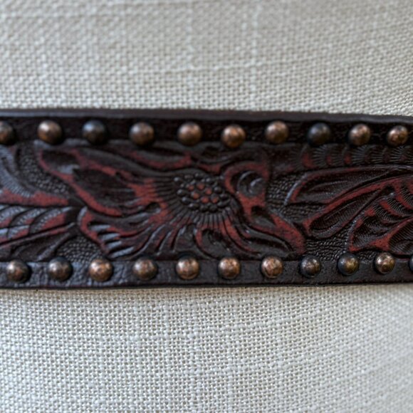 Western Tooled Leather Rhinestone Buckle Belt Brown Studded Small - Picture 4 of 8
